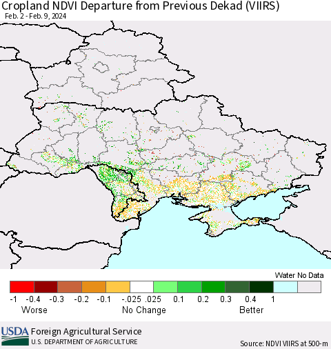 Ukraine, Moldova and Belarus Cropland NDVI Departure from Previous Dekad (VIIRS) Thematic Map For 2/1/2024 - 2/10/2024