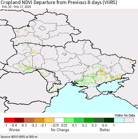 Ukraine, Moldova and Belarus Cropland NDVI Departure from Previous 8-days (VIIRS) Thematic Map For 2/10/2024 - 2/17/2024