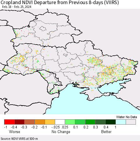 Ukraine, Moldova and Belarus Cropland NDVI Departure from Previous 8-days (VIIRS) Thematic Map For 2/18/2024 - 2/25/2024