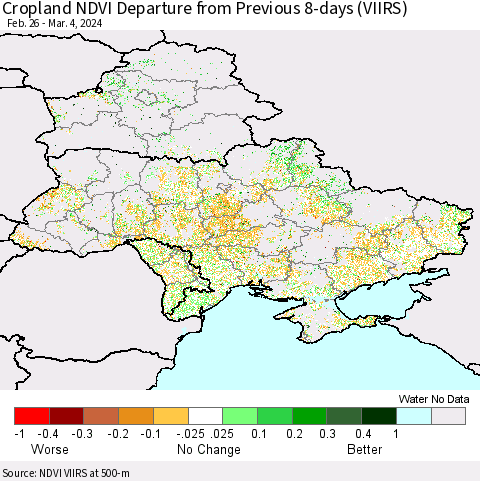 Ukraine, Moldova and Belarus Cropland NDVI Departure from Previous 8-days (VIIRS) Thematic Map For 2/26/2024 - 3/4/2024