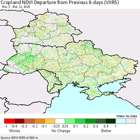 Ukraine, Moldova and Belarus Cropland NDVI Departure from Previous 8-days (VIIRS) Thematic Map For 3/5/2024 - 3/12/2024