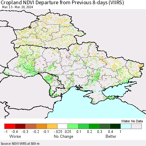 Ukraine, Moldova and Belarus Cropland NDVI Departure from Previous 8-days (VIIRS) Thematic Map For 3/13/2024 - 3/20/2024