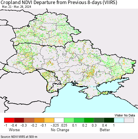 Ukraine, Moldova and Belarus Cropland NDVI Departure from Previous 8-days (VIIRS) Thematic Map For 3/21/2024 - 3/28/2024