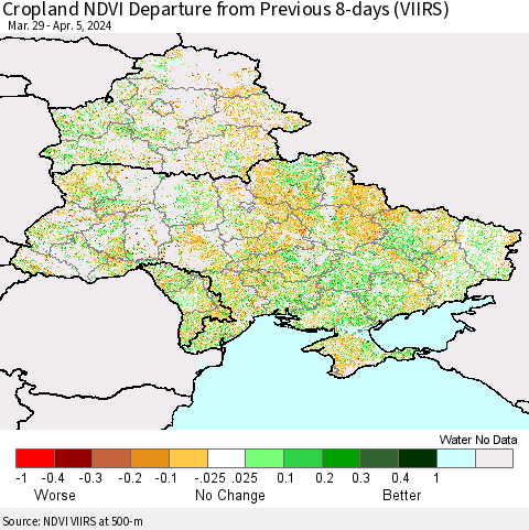 Ukraine, Moldova and Belarus Cropland NDVI Departure from Previous 8-days (VIIRS) Thematic Map For 3/29/2024 - 4/5/2024