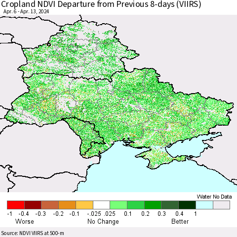 Ukraine, Moldova and Belarus Cropland NDVI Departure from Previous 8-days (VIIRS) Thematic Map For 4/6/2024 - 4/13/2024