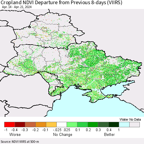 Ukraine, Moldova and Belarus Cropland NDVI Departure from Previous 8-days (VIIRS) Thematic Map For 4/14/2024 - 4/21/2024