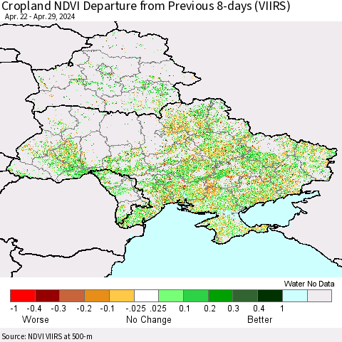 Ukraine, Moldova and Belarus Cropland NDVI Departure from Previous 8-days (VIIRS) Thematic Map For 4/22/2024 - 4/29/2024