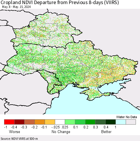 Ukraine, Moldova and Belarus Cropland NDVI Departure from Previous 8-days (VIIRS) Thematic Map For 5/8/2024 - 5/15/2024