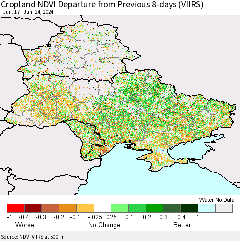 Ukraine, Moldova and Belarus Cropland NDVI Departure from Previous 8-days (VIIRS) Thematic Map For 6/17/2024 - 6/24/2024