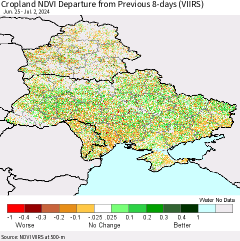 Ukraine, Moldova and Belarus Cropland NDVI Departure from Previous 8-days (VIIRS) Thematic Map For 6/25/2024 - 7/2/2024