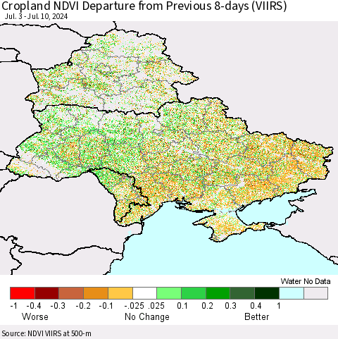 Ukraine, Moldova and Belarus Cropland NDVI Departure from Previous 8-days (VIIRS) Thematic Map For 7/3/2024 - 7/10/2024