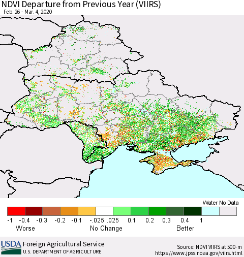 Ukraine, Moldova and Belarus NDVI Departure from Previous Year (VIIRS) Thematic Map For 3/1/2020 - 3/10/2020