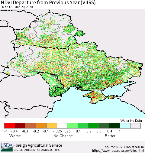 Ukraine, Moldova and Belarus NDVI Departure from Previous Year (VIIRS) Thematic Map For 3/11/2020 - 3/20/2020