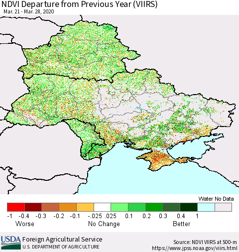 Ukraine, Moldova and Belarus NDVI Departure from Previous Year (VIIRS) Thematic Map For 3/21/2020 - 3/31/2020