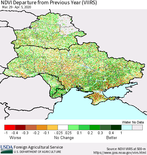 Ukraine, Moldova and Belarus NDVI Departure from Previous Year (VIIRS) Thematic Map For 4/1/2020 - 4/10/2020