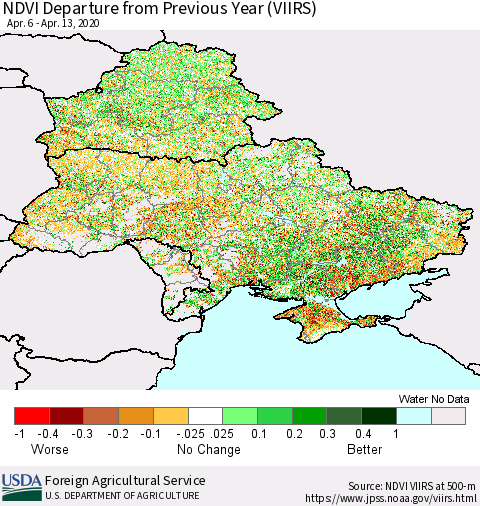 Ukraine, Moldova and Belarus NDVI Departure from Previous Year (VIIRS) Thematic Map For 4/11/2020 - 4/20/2020