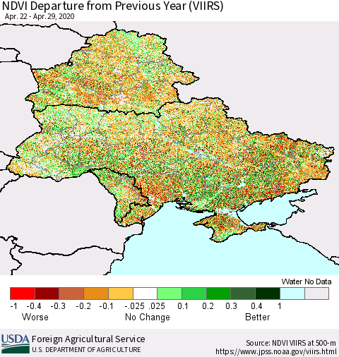 Ukraine, Moldova and Belarus NDVI Departure from Previous Year (VIIRS) Thematic Map For 4/21/2020 - 4/30/2020