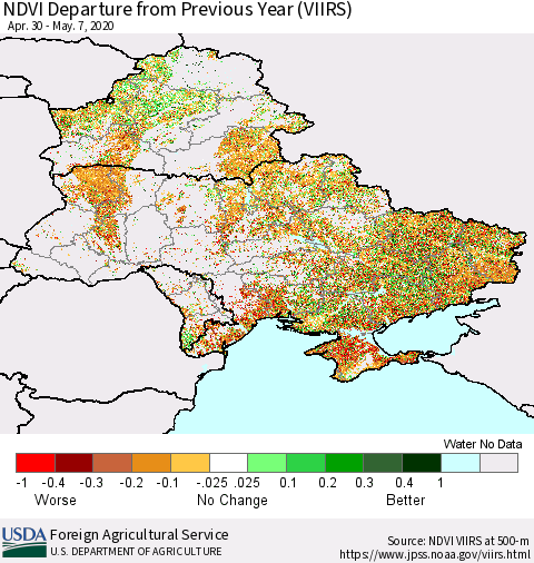 Ukraine, Moldova and Belarus NDVI Departure from Previous Year (VIIRS) Thematic Map For 5/1/2020 - 5/10/2020