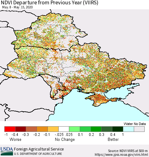 Ukraine, Moldova and Belarus NDVI Departure from Previous Year (VIIRS) Thematic Map For 5/11/2020 - 5/20/2020