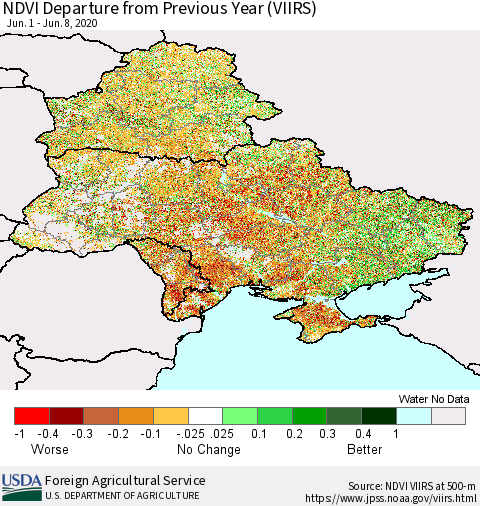 Ukraine, Moldova and Belarus NDVI Departure from Previous Year (VIIRS) Thematic Map For 6/1/2020 - 6/10/2020