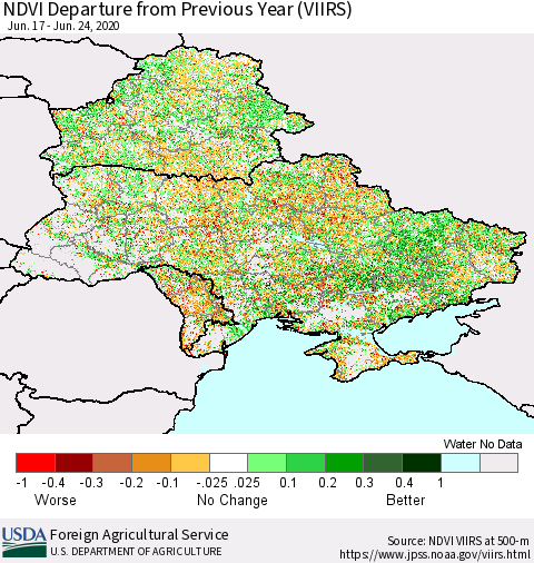 Ukraine, Moldova and Belarus NDVI Departure from Previous Year (VIIRS) Thematic Map For 6/21/2020 - 6/30/2020