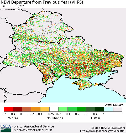 Ukraine, Moldova and Belarus NDVI Departure from Previous Year (VIIRS) Thematic Map For 7/1/2020 - 7/10/2020