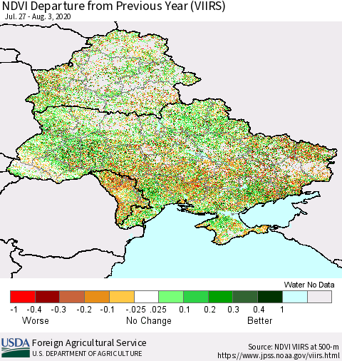 Ukraine, Moldova and Belarus NDVI Departure from Previous Year (VIIRS) Thematic Map For 8/1/2020 - 8/10/2020