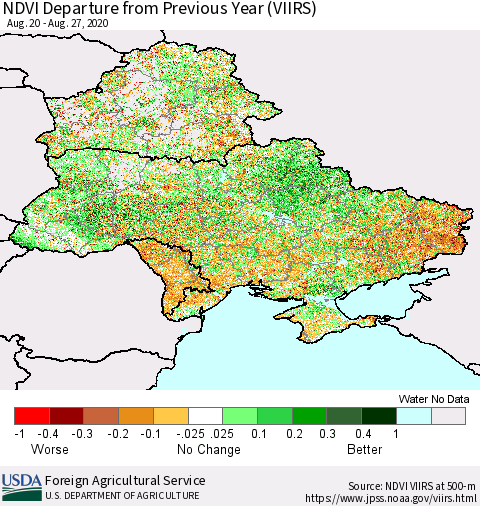 Ukraine, Moldova and Belarus NDVI Departure from Previous Year (VIIRS) Thematic Map For 8/21/2020 - 8/31/2020