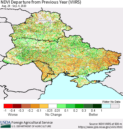 Ukraine, Moldova and Belarus NDVI Departure from Previous Year (VIIRS) Thematic Map For 9/1/2020 - 9/10/2020