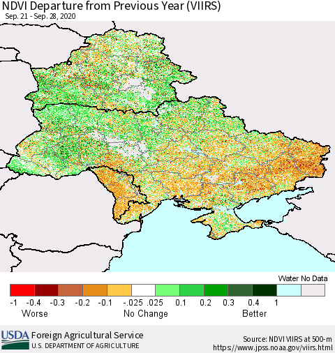 Ukraine, Moldova and Belarus NDVI Departure from Previous Year (VIIRS) Thematic Map For 9/21/2020 - 9/30/2020
