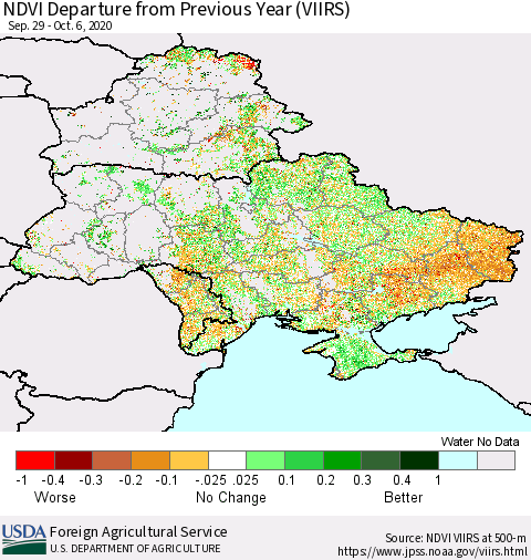 Ukraine, Moldova and Belarus NDVI Departure from Previous Year (VIIRS) Thematic Map For 10/1/2020 - 10/10/2020