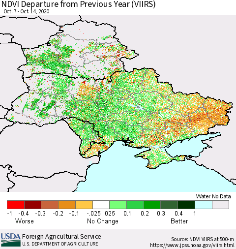 Ukraine, Moldova and Belarus NDVI Departure from Previous Year (VIIRS) Thematic Map For 10/11/2020 - 10/20/2020