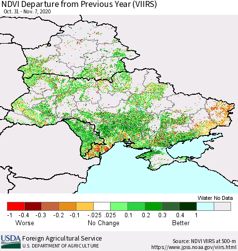 Ukraine, Moldova and Belarus NDVI Departure from Previous Year (VIIRS) Thematic Map For 11/1/2020 - 11/10/2020