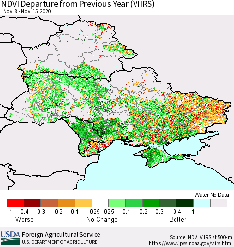 Ukraine, Moldova and Belarus NDVI Departure from Previous Year (VIIRS) Thematic Map For 11/11/2020 - 11/20/2020
