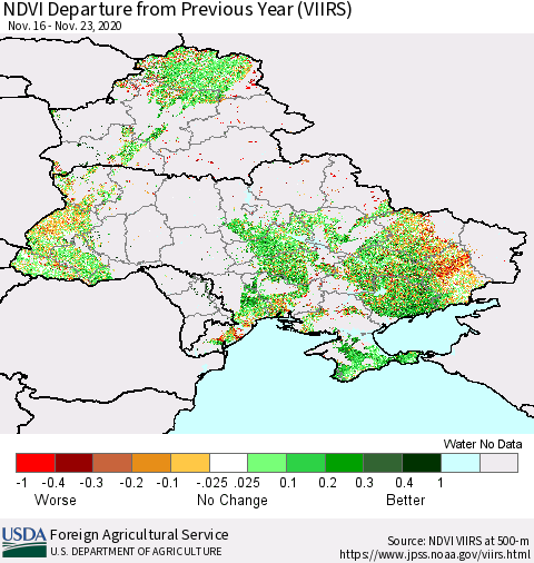 Ukraine, Moldova and Belarus NDVI Departure from Previous Year (VIIRS) Thematic Map For 11/21/2020 - 11/30/2020