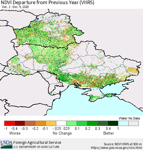 Ukraine, Moldova and Belarus NDVI Departure from Previous Year (VIIRS) Thematic Map For 12/1/2020 - 12/10/2020