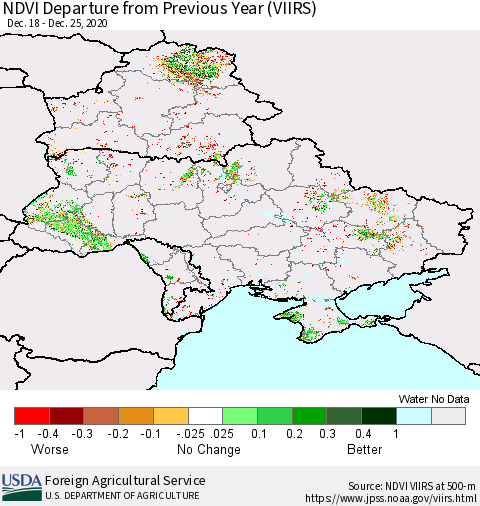 Ukraine, Moldova and Belarus NDVI Departure from Previous Year (VIIRS) Thematic Map For 12/21/2020 - 12/31/2020