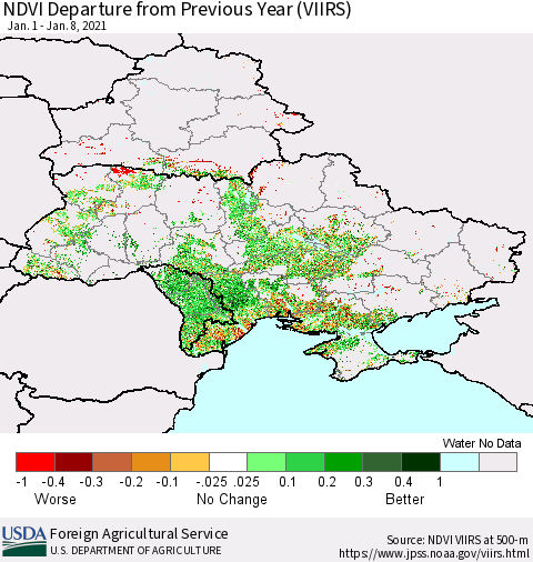 Ukraine, Moldova and Belarus NDVI Departure from Previous Year (VIIRS) Thematic Map For 1/1/2021 - 1/10/2021