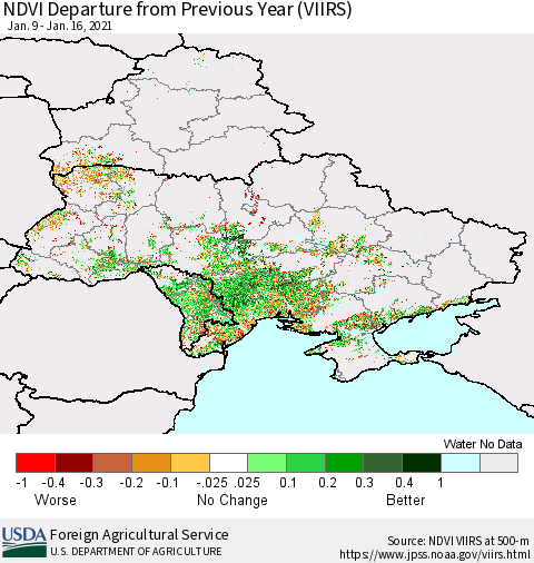 Ukraine, Moldova and Belarus NDVI Departure from Previous Year (VIIRS) Thematic Map For 1/11/2021 - 1/20/2021