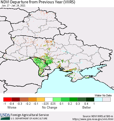 Ukraine, Moldova and Belarus NDVI Departure from Previous Year (VIIRS) Thematic Map For 1/21/2021 - 1/31/2021