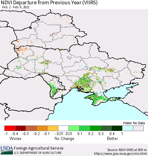 Ukraine, Moldova and Belarus NDVI Departure from Previous Year (VIIRS) Thematic Map For 2/1/2021 - 2/10/2021