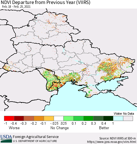 Ukraine, Moldova and Belarus NDVI Departure from Previous Year (VIIRS) Thematic Map For 2/21/2021 - 2/28/2021