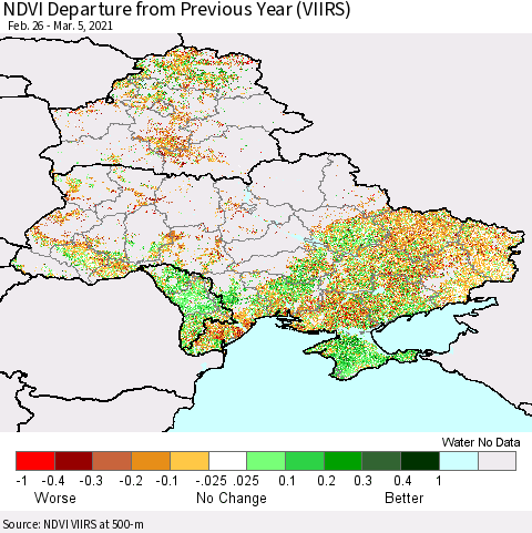Ukraine, Moldova and Belarus NDVI Departure from Previous Year (VIIRS) Thematic Map For 2/26/2021 - 3/5/2021