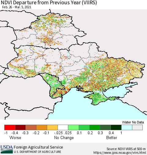Ukraine, Moldova and Belarus NDVI Departure from Previous Year (VIIRS) Thematic Map For 3/1/2021 - 3/10/2021