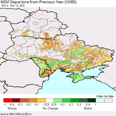 Ukraine, Moldova and Belarus NDVI Departure from Previous Year (VIIRS) Thematic Map For 3/6/2021 - 3/13/2021