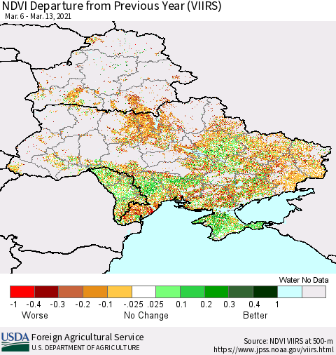 Ukraine, Moldova and Belarus NDVI Departure from Previous Year (VIIRS) Thematic Map For 3/11/2021 - 3/20/2021