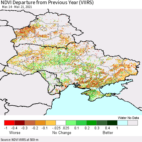 Ukraine, Moldova and Belarus NDVI Departure from Previous Year (VIIRS) Thematic Map For 3/14/2021 - 3/21/2021