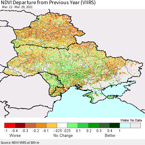 Ukraine, Moldova and Belarus NDVI Departure from Previous Year (VIIRS) Thematic Map For 3/22/2021 - 3/29/2021