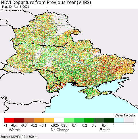 Ukraine, Moldova and Belarus NDVI Departure from Previous Year (VIIRS) Thematic Map For 3/30/2021 - 4/6/2021