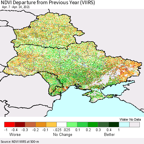 Ukraine, Moldova and Belarus NDVI Departure from Previous Year (VIIRS) Thematic Map For 4/7/2021 - 4/14/2021